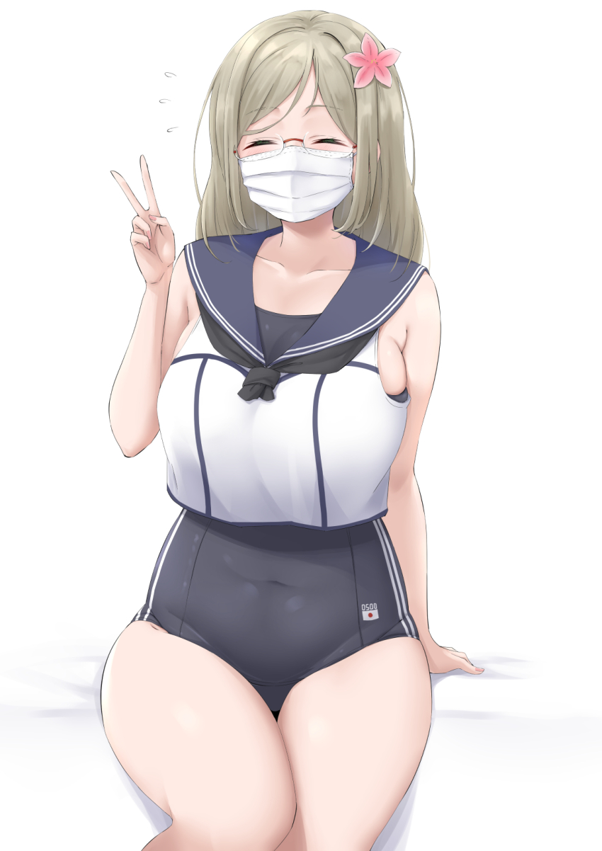 1girl black_neckerchief black_one-piece_swimsuit blue_sailor_collar breasts commentary_request cosplay crop_top flower glasses grey_hair hair_flower hair_ornament highres kantai_collection katori_(kancolle) large_breasts long_hair mask mouth_mask neckerchief one-piece_swimsuit ro-500_(kancolle) ro-500_(kancolle)_(cosplay) sailor_collar school_swimsuit shirt simple_background sitting sleeveless sleeveless_shirt solo swimsuit takomeshi v white_background white_shirt
