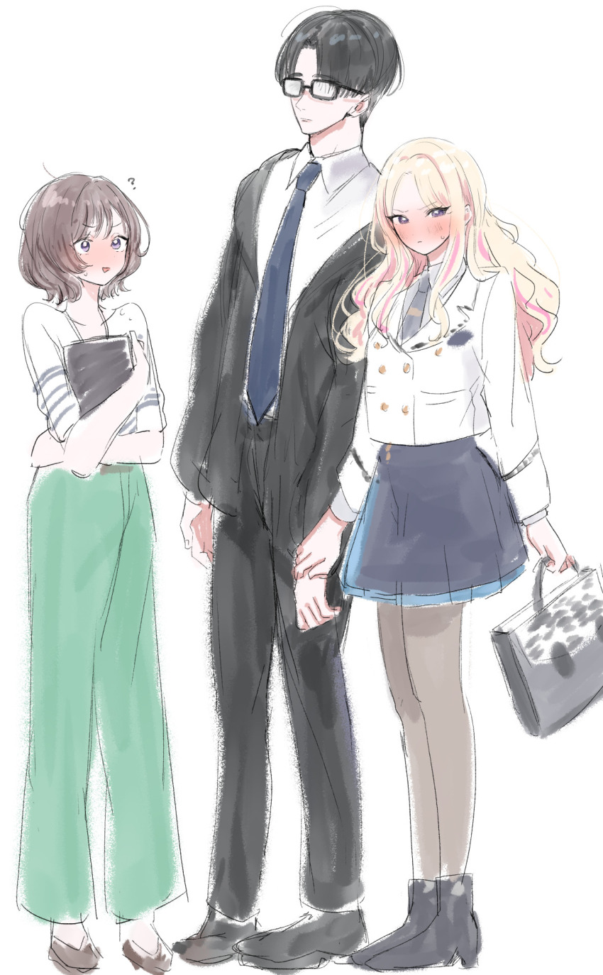 1boy 2girls ? averting_eyes bag black-framed_eyewear black_hair black_suit blonde_hair blue_necktie blush brown_hair commentary_request formal_clothes full_body gakuen_idolmaster glasses grey_pantyhose hatsuboshi_gakuen_school_uniform hetero highres holding holding_bag holding_hands hugging_object idolmaster jacket jacket_partially_removed juo_sena kasasagi_(futagodori888) long_hair multicolored_hair multiple_girls necktie neo_asari nose_blush pantyhose pink_hair producer_(idolmaster) school_uniform shirt short_hair sketch streaked_hair suit two-tone_hair very_long_hair white_jacket white_shirt