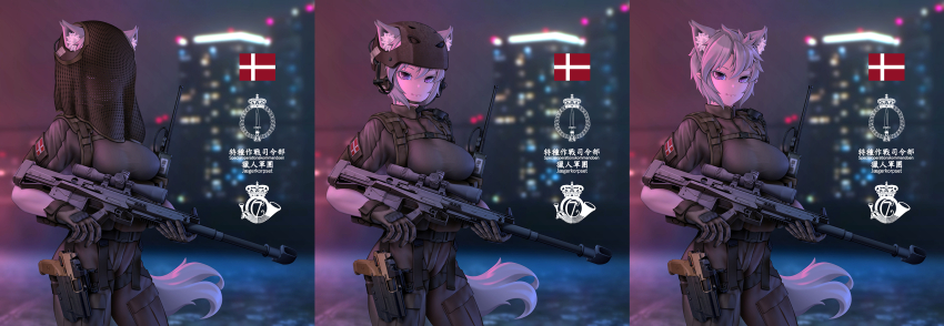 1girl animal_ear_fluff animal_ears anti-materiel_rifle borrowed_character breasts building bullpup cat_ears cat_tail city danish_flag earmuffs extra_ears fang_zhenjun flag fn_herstal fnp-45 fnx-45 fnx-45_tactical gepard_gm6_lynx gloves grey_hair gun handgun headset helmet highres holding holding_gun holding_weapon holster looking_at_viewer medium_breasts military military_uniform night original pistol purple_eyes rifle semi-automatic_rifle sero_international_kft short_hair skyscraper slit_pupils sniper_rifle tail walkie-talkie weapon white_hair witness_holes