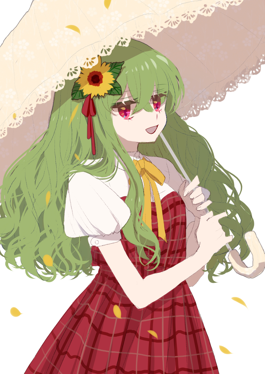 1girl absurdres adapted_costume collared_shirt cowboy_shot crossed_bangs dress flower green_hair hair_flower hair_ornament highres holding holding_umbrella kazami_yuuka long_dress long_hair neck_ribbon open_mouth parasol petals plaid puffy_short_sleeves puffy_sleeves red_dress red_eyes ribbon shirt shocho_(shaojiujiu) short_hair short_sleeves smile touhou umbrella undershirt wavy_hair white_shirt yellow_flower yellow_ribbon
