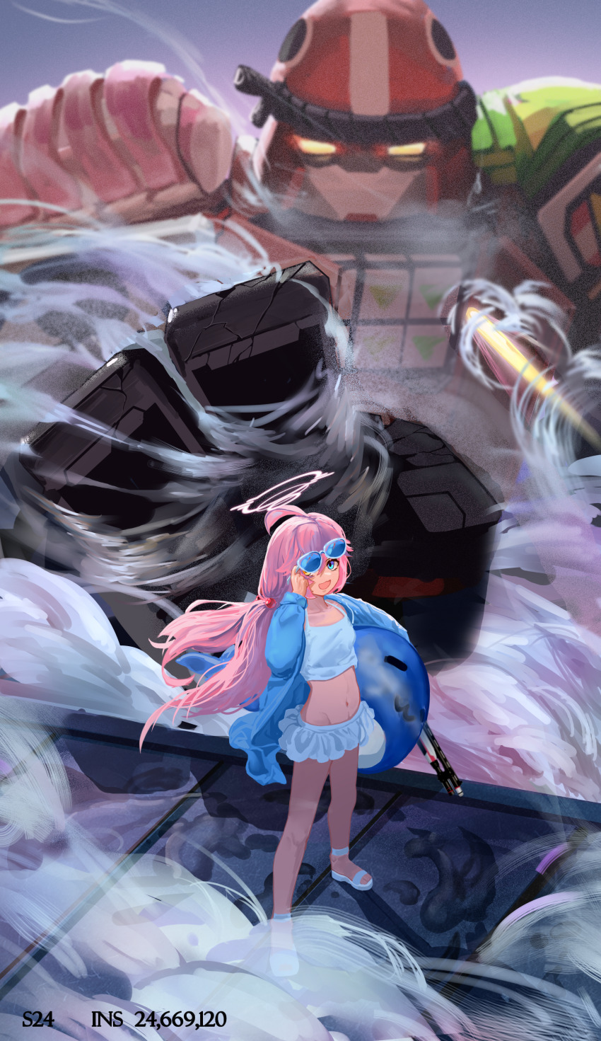 1girl absurdres ahoge aircctzillie battle beretta_1301 bikini blue_archive blue_eyes blue_jacket eyewear_on_head fog frilled_bikini frills gun hair_bobbles hair_ornament halo highres holding holding_gun holding_weapon hoshino_(blue_archive) hoshino_(swimsuit)_(blue_archive) jacket kaiten_fx_mk.0_(blue_archive) long_hair looking_at_viewer mecha official_alternate_costume open_mouth outdoors pink_hair pink_halo robot sandals smile smoke solo_focus standing sunglasses swimsuit twintails weapon white_bikini