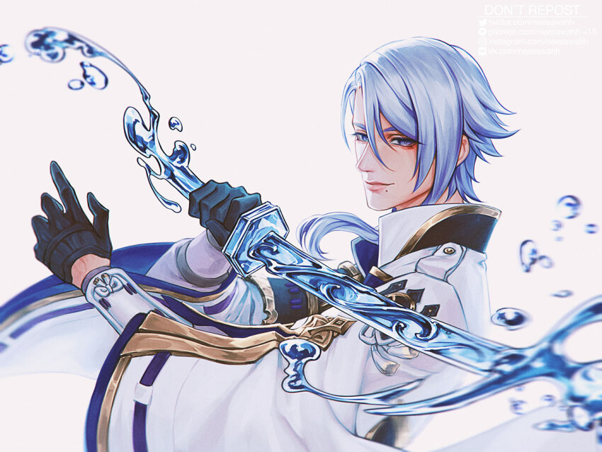 1boy arm_guards armor artist_name black_gloves blue_hair closed_mouth genshin_impact gloves hair_between_eyes hair_over_shoulder hands_up hashtag-only_commentary holding holding_sword holding_weapon instagram_logo instagram_username jacket japanese_armor kamisato_ayato long_sleeves looking_at_viewer looking_to_the_side male_focus medium_hair mole mole_under_mouth neesawahh parted_bangs patreon_logo patreon_username purple_eyes shoulder_armor simple_background single_sode smile sode solo swept_bangs sword tassel twitter_logo twitter_username upper_body vkontakte_logo vkontakte_username water water_drop watermark weapon web_address white_background white_jacket wide_sleeves