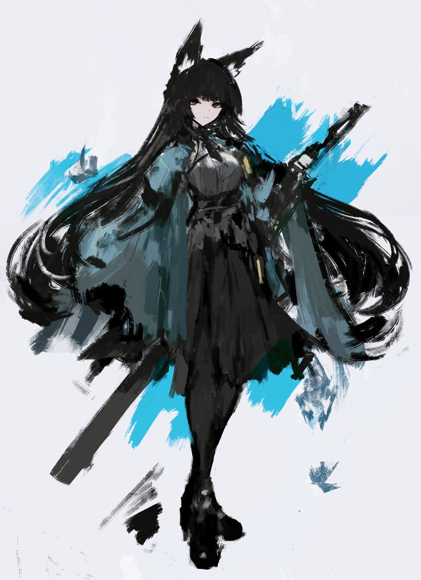 1girl absurdres animal_ear_fluff animal_ears black_boots black_gloves black_hair black_necktie black_pantyhose black_skirt blunt_bangs boots closed_mouth dress_shirt fox_ears fox_girl full_body gloves green_jacket grey_background high-waist_skirt highres holding holding_sword holding_weapon hoshimi_miyabi jacket katana long_hair looking_at_viewer necktie pantyhose red_eyes shirt sidelocks simple_background skirt solo standing sword tuda6 weapon white_shirt zenless_zone_zero