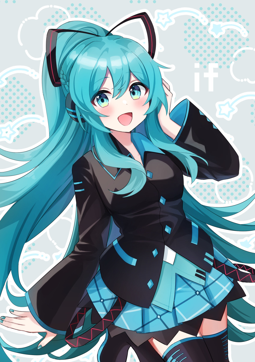 1girl absurdres aqua_collar aqua_eyes aqua_hair aqua_nails aqua_skirt black_shirt braid collared_jacket collared_shirt commentary foot_up hair_ribbon half_up_braid hand_on_own_ear hatsune_miku hatsune_miku_(if) headphones headset highres jacket leg_up long_hair long_sleeves looking_at_viewer meruko-san piano_print plaid_clothes plaid_skirt pleated_skirt ponytail ribbon shirt sidelocks sideways_glance skirt smile solo standing standing_on_one_leg striped_ribbon thighhighs very_long_hair vocaloid zettai_ryouiki