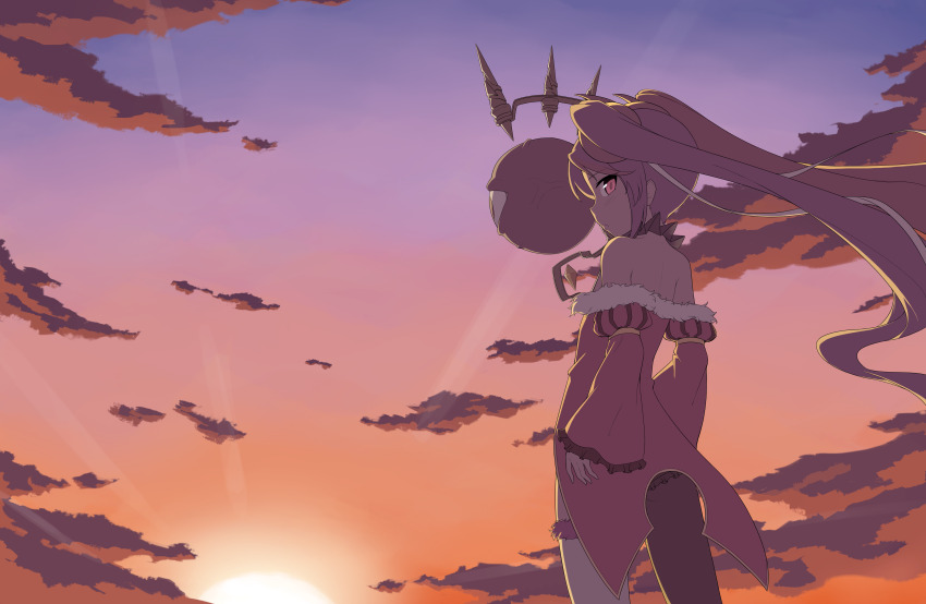 1girl absurdres bare_shoulders cloud creature expressionless floating_hair highres jacket long_hair looking_at_viewer looking_back misaki_(princess_connect!) multicolored_hair princess_connect! red_eyes ribbonsnek sky sunset twintails two-tone_hair very_long_hair wind