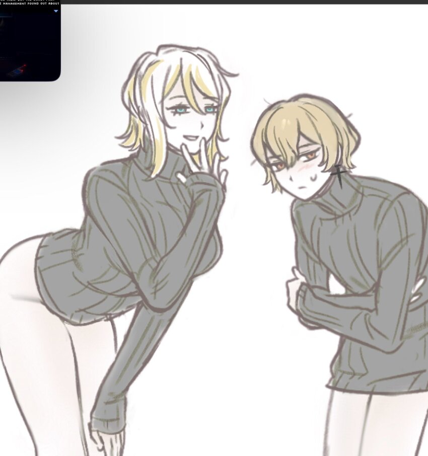 1boy 1girl blonde_hair closed_mouth cosplay cowboy_shot crossed_arms earrings faust_(project_moon) faust_(project_moon)_(cosplay) hand_up highres jewelry limbus_company long_sleeves looking_at_viewer multicolored_hair n_corp._fanatic_(identity)_(project_moon) no_panties ohzv pale_skin project_moon ribbed_sweater short_hair simple_background sinclair_(project_moon) streaked_hair sweat sweater white_background white_hair yellow_eyes