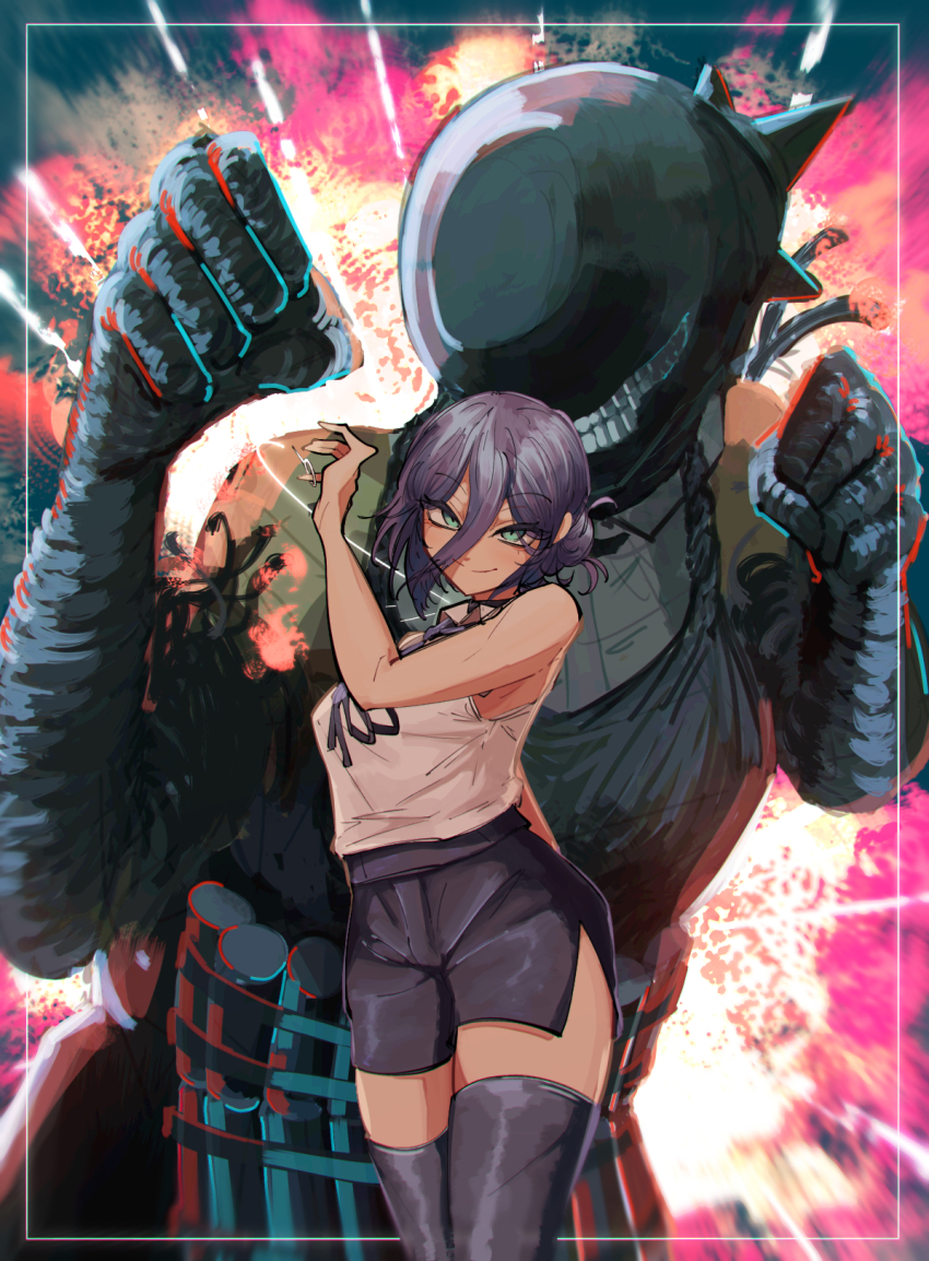 2girls black_ribbon black_skirt black_thighhighs bomb_devil_(chainsaw_man) breasts chainsaw_man closed_mouth collared_shirt commentary_request cowboy_shot eyes_visible_through_hair green_eyes grin hair_between_eyes hair_bun highres long_bangs looking_at_viewer medium_breasts messy_hair multiple_girls neck_ribbon odoro_(nicoseiga81184094) pencil_skirt purple_hair reze_(chainsaw_man) ribbon shirt short_hair single_hair_bun skirt sleeveless sleeveless_shirt smile thighhighs white_shirt