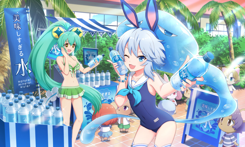 +_+ 2girls ;d animal_ears aqua_hair artist_request bare_arms bare_shoulders bikini blue_hair blue_nails blue_neckerchief blue_one-piece_swimsuit bottle bow breasts bush cleavage corriente_(show_by_rock!!) covered_navel cowboy_shot day frilled_bikini frills frog_girl green_bikini hair_bow hand_on_own_cheek hand_on_own_face high_ponytail holding holding_bottle jacklyn_(show_by_rock!!) long_hair looking_at_viewer multiple_girls nail_polish neckerchief official_art one-piece_swimsuit one_eye_closed open_mouth palm_tree people ponytail pool rabbit_ears rabbit_girl rabbit_tail sailor_collar sailor_one-piece_swimsuit short_hair show_by_rock!! smile sparkle standing striped_bow swimsuit tadpole_tail tail third-party_source tree water_bottle
