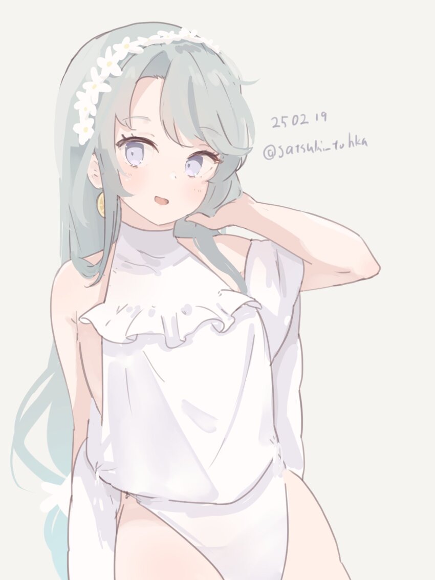 1girl asymmetrical_bangs casual_one-piece_swimsuit dated flower frilled_shirt frills grey_background grey_hair hair_flower hair_ornament hairband highleg highleg_one-piece_swimsuit highres kantai_collection long_hair official_alternate_costume one-hour_drawing_challenge one-piece_swimsuit purple_eyes sagiri_(kancolle) sagiri_(swimsuit)_(kancolle) satsuki_tooka shawl shirt side-tie_swimsuit simple_background sleeveless sleeveless_shirt solo swept_bangs swimsuit twitter_username white_one-piece_swimsuit white_shawl white_shirt