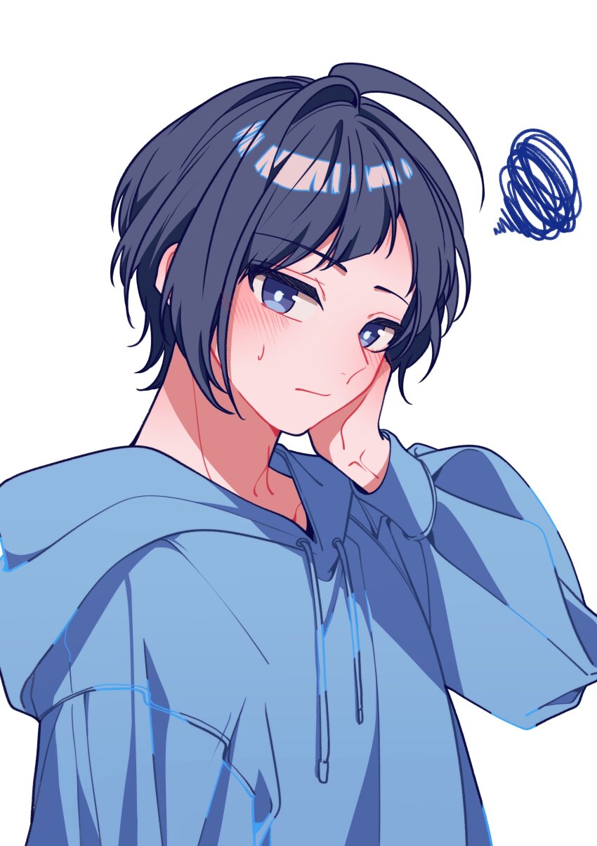 1boy absurdres arm_up black_hair blue_eyes blue_hoodie closed_mouth hand_on_own_face highres hood hoodie long_sleeves looking_at_viewer male_focus original short_hair solo sophia_pie_12 swept_bangs white_background