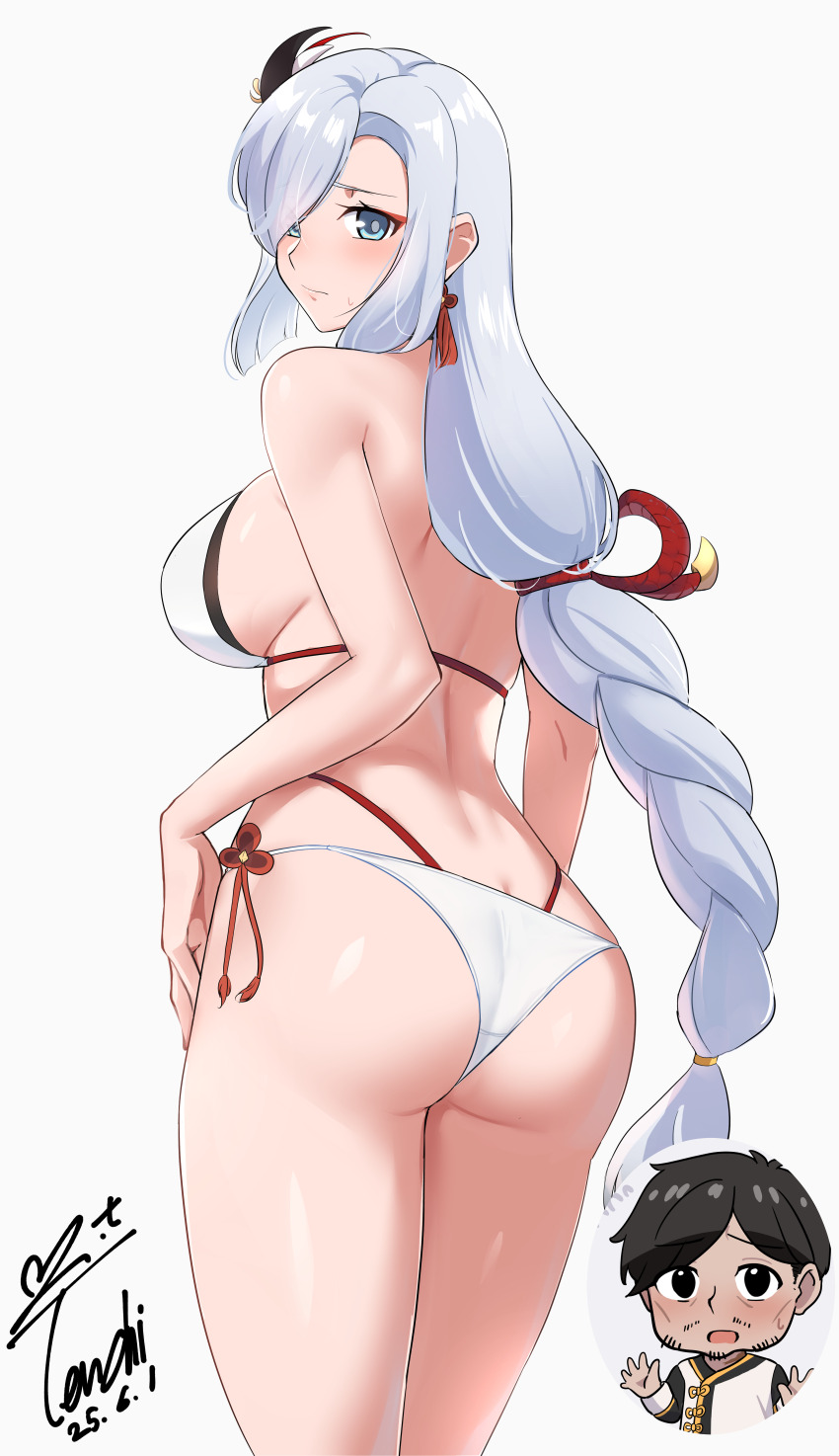 1boy 1girl absurdres ass bikini black_choker blue_eyes braid braided_ponytail breasts choker closed_mouth commentary_request commission cowboy_shot dated earrings from_behind genshin_impact hair_ornament highres jewelry korean_commentary large_breasts long_hair looking_at_viewer looking_back multiple_views pixiv_commission second-party_source shenhe_(genshin_impact) side-tie_bikini_bottom signature simple_background stomach string_bikini swimsuit tassel tassel_earrings very_long_hair white_background white_bikini white_hair yoo_tenchi