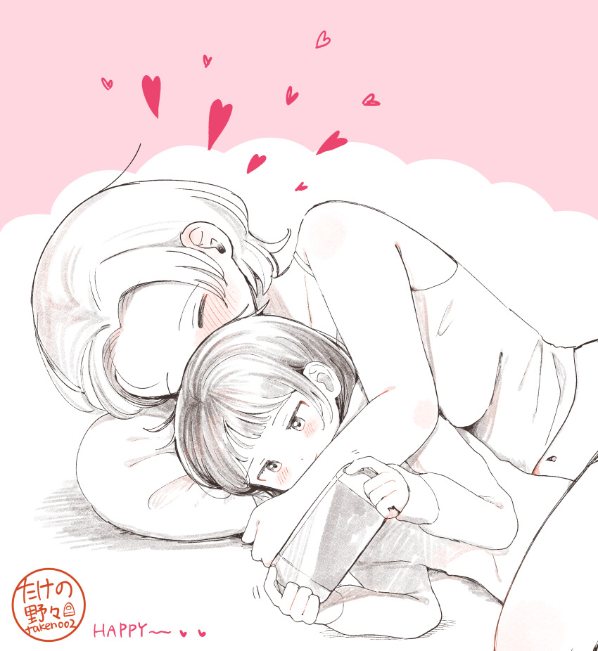 2girls absurdres age_difference blush closed_eyes highres jewelry lying midriff multiple_girls navel onee-loli original pale_color pillow short_hair spooning takeno_(takenoo2) yuri