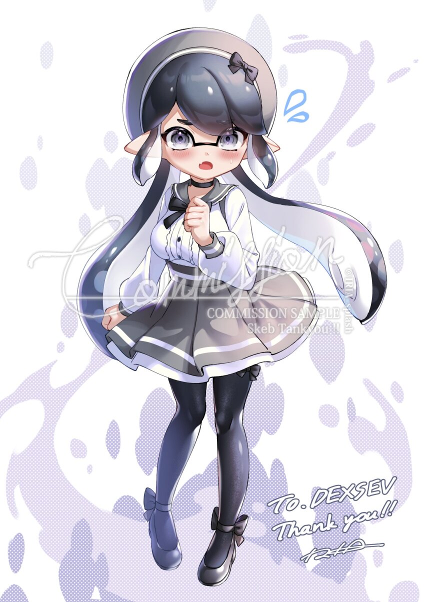 1girl beret black_bow black_bowtie black_choker black_footwear black_hair black_pantyhose blush bow bowtie brown_hat brown_skirt center_frills choker clenched_hand commentary commission commissioner_name dress_shirt english_commentary fang flying_sweatdrops footwear_bow frills full_body furrowed_brow grey_eyes grey_sailor_collar hair_bow hand_up hat high-waist_skirt highres inkling inkling_girl inkling_player_character iria_(yumeirokingyo) long_hair long_sleeves looking_at_viewer mixed-language_commentary nintendo open_mouth pantyhose pointy_ears puffy_long_sleeves puffy_sleeves sailor_collar sailor_shirt shirt sidelocks skin_fang skirt solo splatoon_(series) standing sweat swept_bangs tentacle_hair thank_you twintails white_shirt