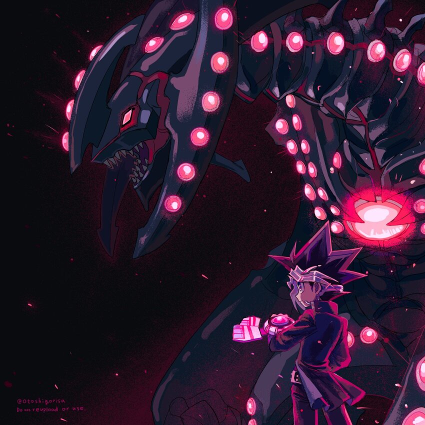 1boy black_background black_hair blonde_hair chest_jewel cowboy_shot dragon duel_disk duel_monster from_side gandora-x_the_dragon_of_demolition glowing highres jacket medium_hair multicolored_hair muto_yugi otoshiyorisa profile purple_eyes purple_hair red_eyes sharp_teeth simple_background spiked_hair teeth yu-gi-oh! yu-gi-oh!_the_dark_side_of_dimensions