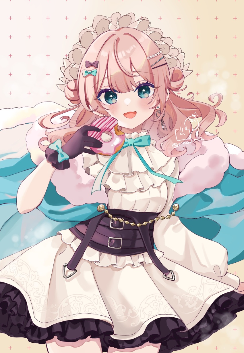 1girl :d asymmetrical_sleeves black_gloves blue_bow blue_cloak blue_eyes bow brown_background cloak commentary_request donut food fur-trimmed_cloak fur_trim gloves hair_bow hair_ornament hairclip hand_up highres holding holding_food long_sleeves looking_at_viewer open_mouth original pink_hair pleated_skirt puffy_long_sleeves puffy_sleeves purple_bow rino_cnc shirt skirt smile solo twitter_username white_shirt white_skirt
