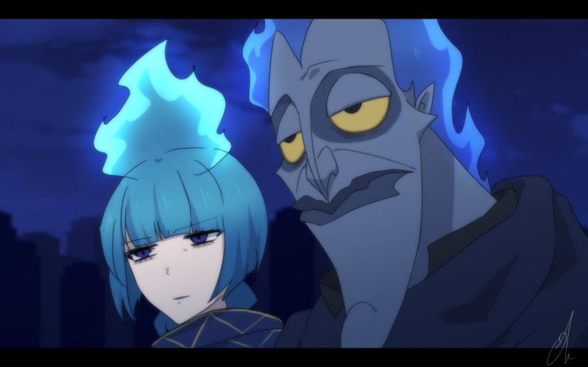 1girl blue_eyes blue_fire blue_hair blue_lips colored_skin disneyland dress eyeshadow fiery_hair fire hades_(disney) hercules_(1997_movie) lipstick long_hair long_sleeves looking_at_viewer makeup ms._hades okoge1138 short_hair yellow_eyes