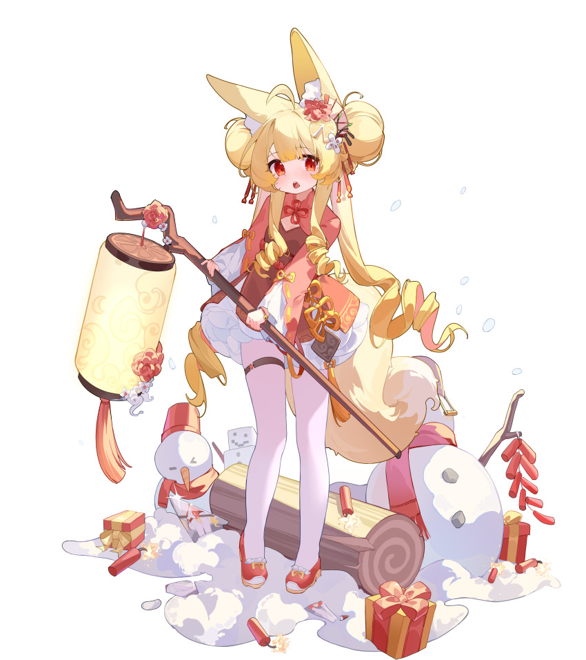 1girl absurdres ahoge animal_ear_fluff animal_ears blonde_hair bracelet breasts double_bun dress firecrackers flower food fox_ears fox_girl frilled_dress frills fruit full_body gift hair_bun hair_flower hair_ornament highres holding holding_lantern jewelry lantern lemon lemon_slice log long_hair long_sidelocks long_sleeves looking_at_viewer ningmeng_jing_jing_jing_jing open_mouth original pantyhose red_dress red_eyes red_flower red_footwear sidelocks simple_background small_breasts snowman solo teeth thigh_strap upper_teeth_only white_background white_pantyhose
