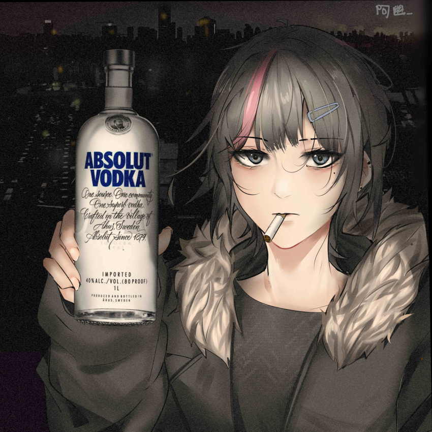 1girl absolut_vodka absurdres alcohol black_hair blue_eyes bottle cigarette cityscape ear_piercing fur-trimmed_jacket fur_trim hair_ornament hairclip highres holding holding_bottle iubworks jacket looking_at_viewer mole mole_under_eye mouth_hold multicolored_hair night original piercing red_hair signature smoking solo streaked_hair upper_body vodka