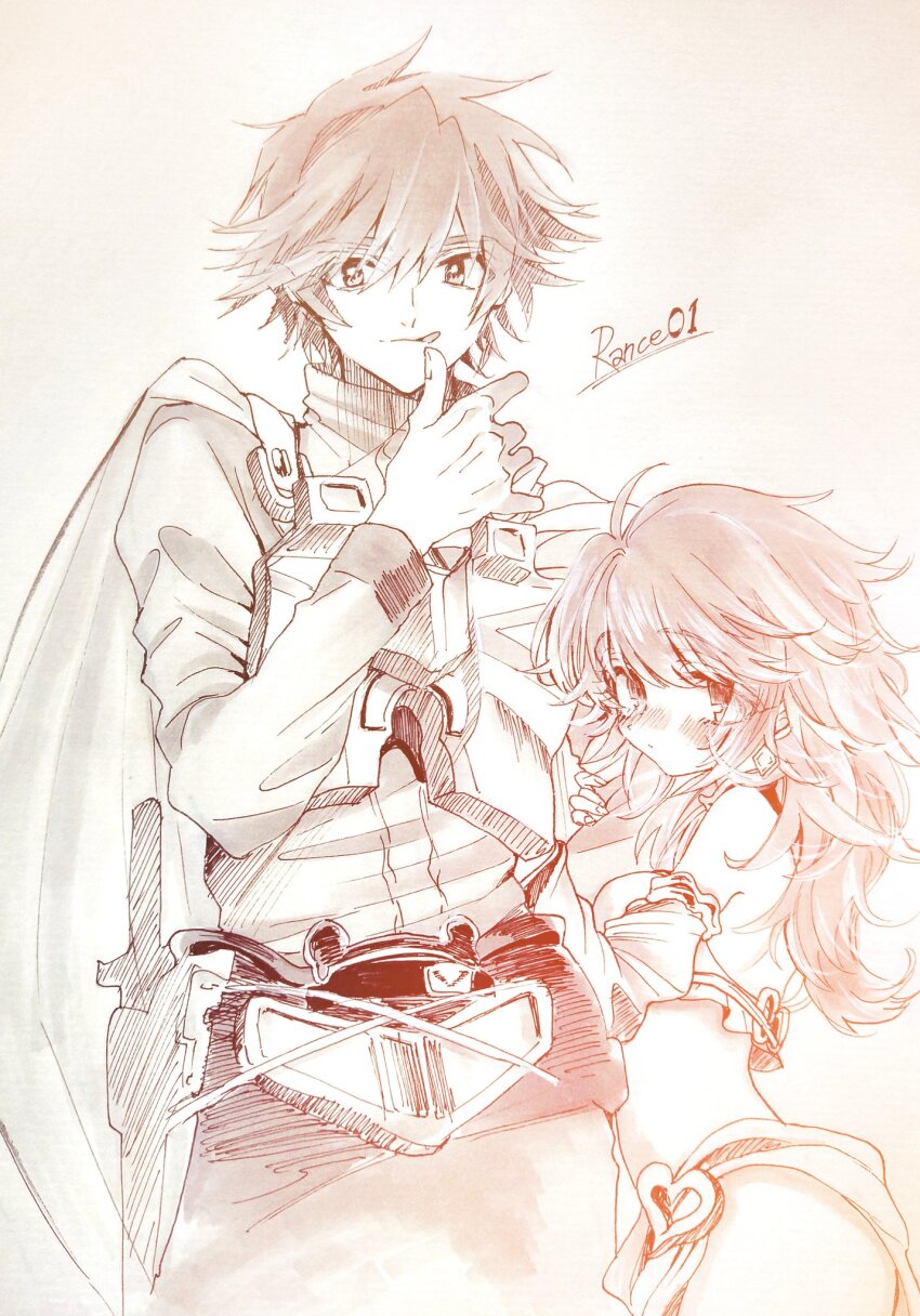 1boy 1girl :q arm_hug armor aya_carmine bare_shoulders bikini_armor blush breastplate breasts cape cowboy_shot greyscale highres long_hair looking_at_viewer medium_breasts millipen_(medium) monochrome pen_(medium) pointy_hair rance rance_(series) rance_01 sill_plain simple_background sketch tongue tongue_out traditional_media