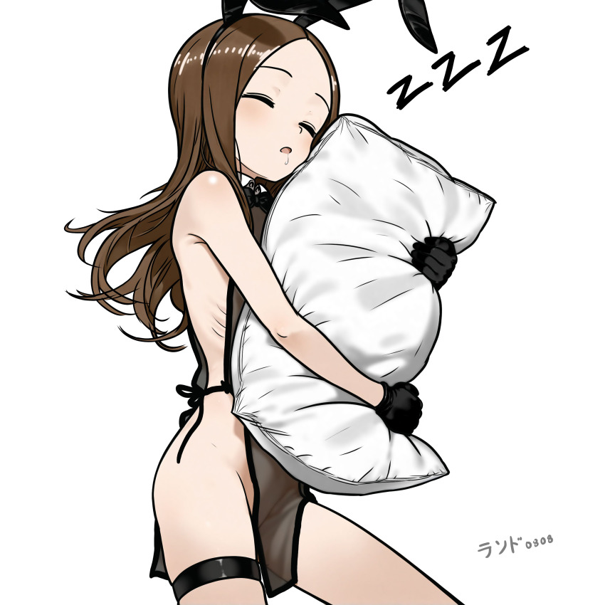 absurdres armpit_crease black_gloves brown_hair drooling gloves highres karakai_jouzu_no_takagi-san lander0808 loli no_bra no_panties open_mouth playboy_bunny simple_background sleeping takagi-san white_background