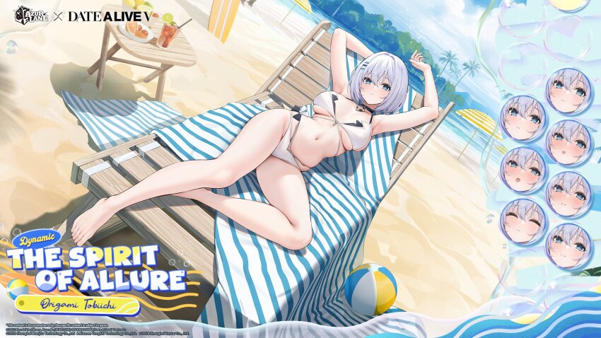 1girl armpits arms_up azur_lane ball beach beachball bikini blue_eyes breasts character_name copyright_name copyright_notice date_a_live dutch_angle grey_hair hair_between_eyes hair_ornament hairclip highres large_breasts looking_at_viewer lying multiple_expressions navel official_art on_back outdoors parted_lips promotional_art second-party_source short_hair solo stomach swimsuit thighs tobiichi_origami white_bikini