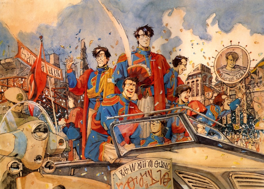 1990s_(style) 1girl car gainax highres honneamise_no_tsubasa military military_uniform motor_vehicle motorcycle multiple_boys official_art parade police retro_artstyle sadamoto_yoshiyuki short_hair traditional_media