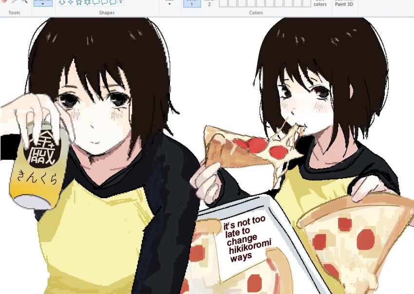 1girl art_program_in_frame black_eyes black_sleeves blush brown_hair can cheese cheese_trail closed_mouth collarbone commentary eating english_text food hashtag-only_commentary holding holding_can holding_food holding_pizza long_sleeves looking_at_viewer microsoft_paint_(medium) microsoft_paint_(software) nakahara_misaki nhk_ni_youkoso! pizza pizza_slice raglan_sleeves shirt short_hair smile solo white_background yellow_shirt zukii3_mii_(mizumolasses)