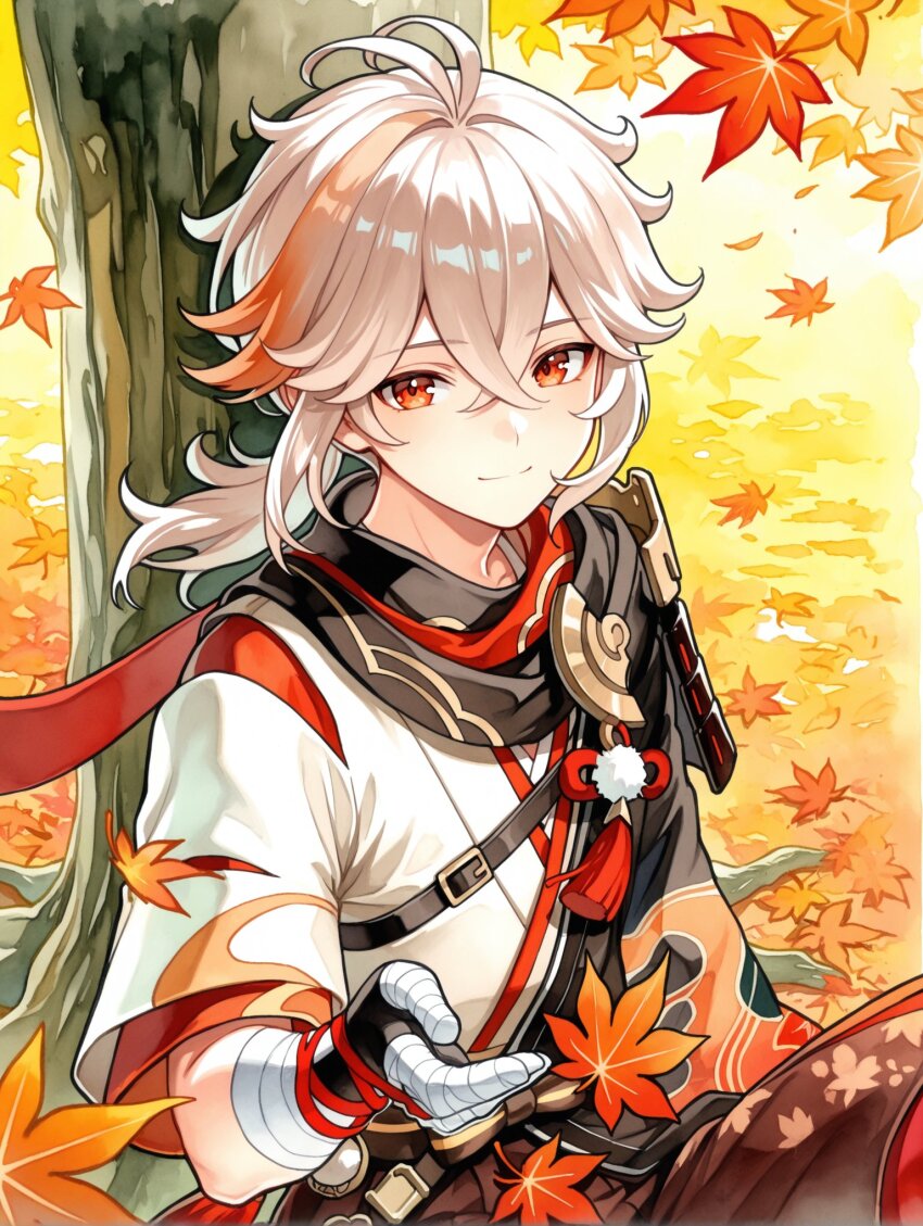 1boy against_tree arm_up autumn autumn_leaves bandaged_arm bandages belt belt_buckle black_belt black_gloves buckle closed_mouth commentary_request crossed_bangs double-parted_bangs fingerless_gloves genshin_impact gloves highres japanese_clothes kaedehara_kazuha layered_sleeves leaf leo_kkym male_focus multicolored_hair outdoors red_eyes sitting smile solo streaked_hair tree white_hair