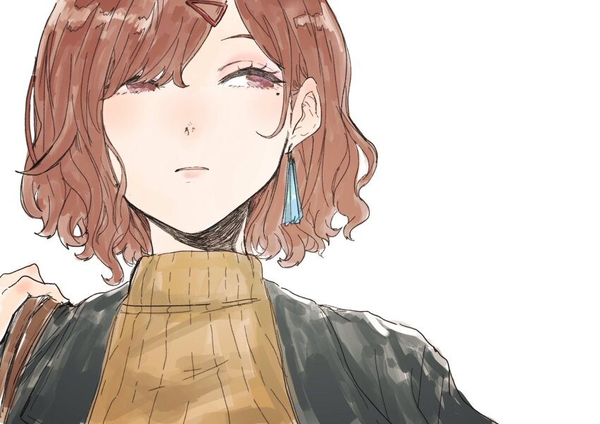 1girl blush breasts brown_hair closed_mouth earrings eshaku_(asifu-coffee) grey_jacket hair_ornament hairclip hand_on_own_shoulder highres higuchi_madoka idolmaster idolmaster_shiny_colors jacket jewelry looking_to_the_side medium_breasts mole mole_under_eye open_clothes open_jacket parted_lips portrait purple_eyes short_hair simple_background solo sweater swept_bangs turtleneck turtleneck_sweater white_background yellow_sweater