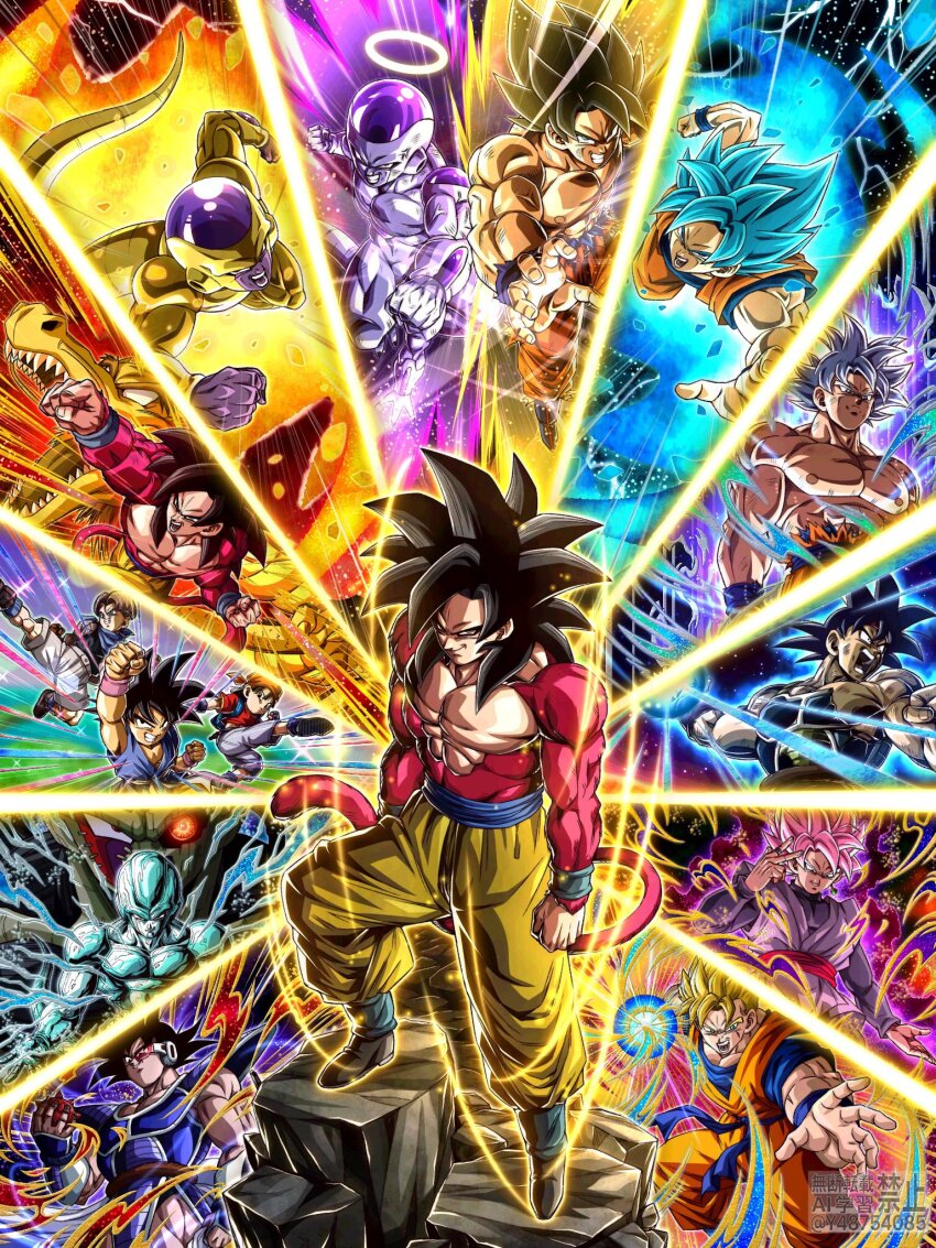 6+boys aura bardock black_hair blue_eyes clenched_hands colored_skin cooler_(dragon_ball) dougi dragon_ball dragon_ball_gt dragon_ball_super dragon_ball_z_dokkan_battle frieza gloves goku_black highres jewelry looking_at_viewer male_focus monkey_boy monkey_tail multiple_boys muscular muscular_male open_mouth pants pectorals scar scar_across_eye scar_on_face smile son_gohan son_goku spiked_hair super_saiyan super_saiyan_1 super_saiyan_2 super_saiyan_4 super_saiyan_blue tail teeth topless_male trunks_(dragon_ball) tullece ultra_instinct vegeta wai_(y48754085) white_gloves