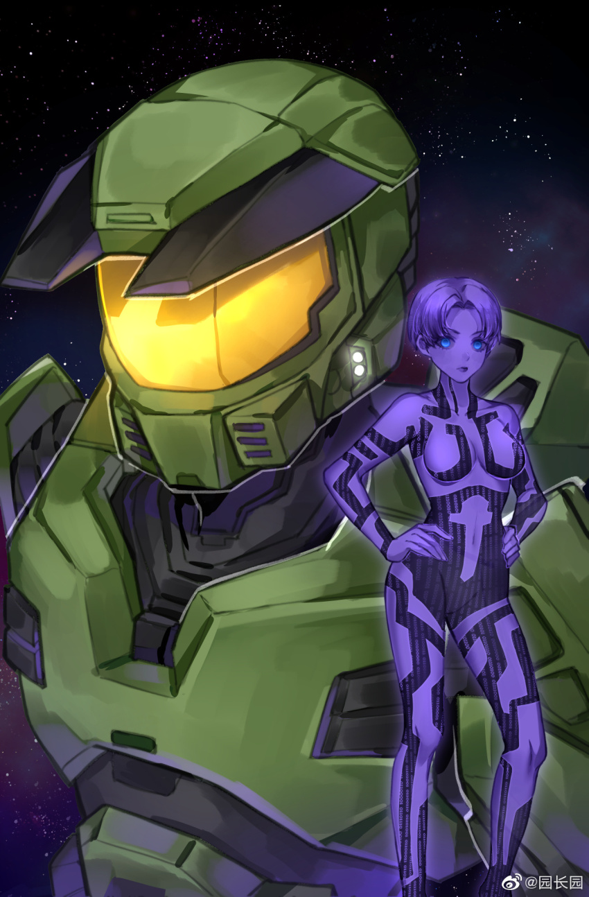 1boy 1girl armor assault_visor blue_eyes breasts chinese_commentary collarbone colored_skin cortana green_helmet hair_behind_ear halo:_combat_evolved halo_(series) hands_on_own_hips helmet highres hologram looking_down master_chief medium_breasts parted_bangs power_armor purple_skin short_hair sky_kiki space spartan_(halo) star_(sky) watermark weibo_username weibo_watermark
