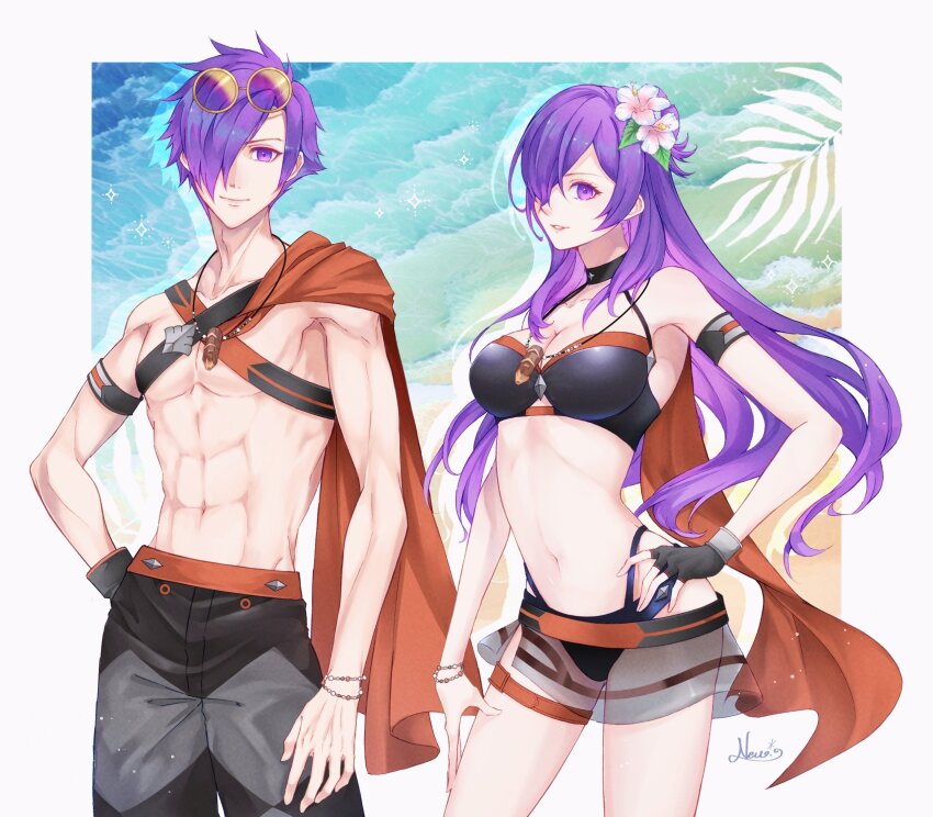 1boy 1girl abs bad_id bad_twitter_id bikini black_bikini black_gloves black_male_swimwear black_swim_trunks breasts cape cleavage closed_mouth commentary_request dq11neu eyewear_on_head female_shez_(fire_emblem) female_shez_(summer)_(fire_emblem) fingerless_gloves fire_emblem fire_emblem:_three_houses fire_emblem_heroes fire_emblem_warriors:_three_hopes flower gloves hair_flower hair_ornament hair_over_one_eye hand_on_own_hip highres lips long_hair looking_at_viewer male_shez_(fire_emblem) male_shez_(summer)_(fire_emblem) male_swimwear medium_breasts muscular muscular_male navel nintendo official_alternate_costume one_eye_covered orange_cape parted_lips pink_lips purple_eyes purple_hair see-through_clothes short_hair signature single_glove smile stomach sunglasses swim_trunks swimsuit topless_male