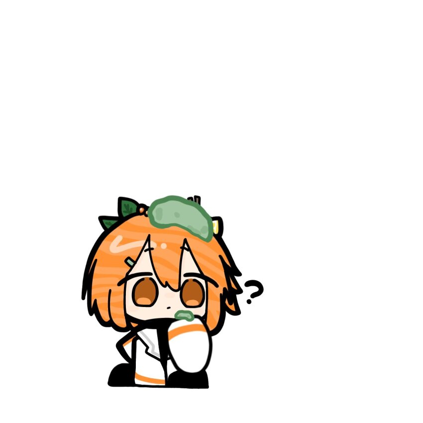 1girl ? a.i._voice adachi_rei chibi chibi_only closed_mouth food food-themed_hair food_on_head full_body hair_ornament highres jacket leaf_hair_ornament long_sleeves medium_hair object_on_head open_clothes open_jacket orange_eyes orange_hair salmon_(fish) simple_background sitting solo sparrow_1016 utau wasabi white_background white_jacket