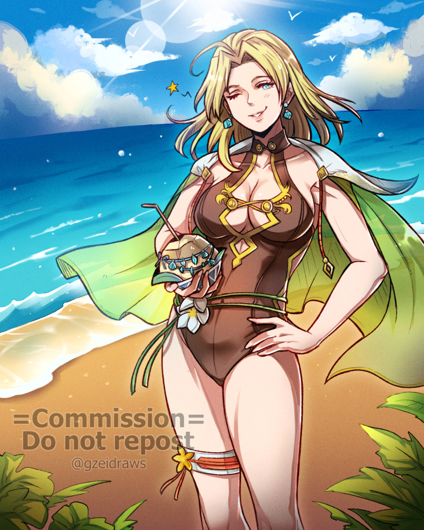 1girl animal beach bird blonde_hair blue_eyes blue_sky breasts capelet cleavage cloud commentary commission drinking_straw earrings english_commentary fire_emblem fire_emblem:_the_sacred_stones fire_emblem_heroes gzei hand_on_own_hip highres jewelry looking_at_viewer nintendo ocean official_alternate_costume one-piece_swimsuit one_eye_closed outdoors sand selena_(fire_emblem:_the_sacred_stones) selena_(summer)_(fire_emblem:_the_sacred_stones) sky solo swimsuit thigh_strap
