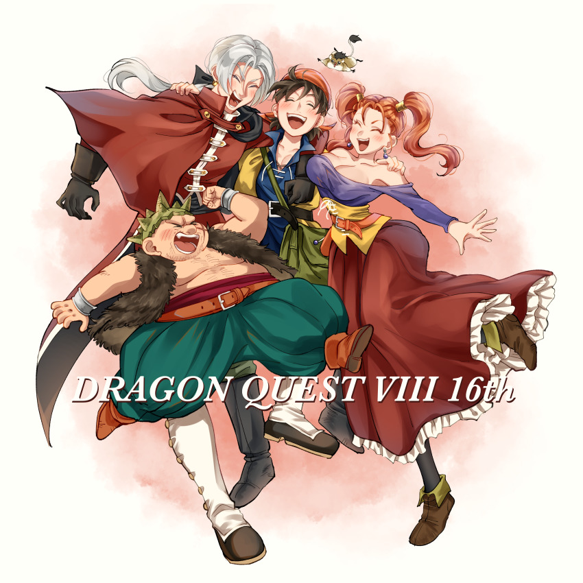 1girl 3boys absurdres atarime_(atarimemakaron) bandana breasts cleavage dragon_quest dragon_quest_viii earrings closed_eyes hero_(dq8) highres jessica_albert jewelry kukuru_(dq8) multiple_boys open_mouth orange_hair ponytail red_bandana scar twintails white_hair yangus