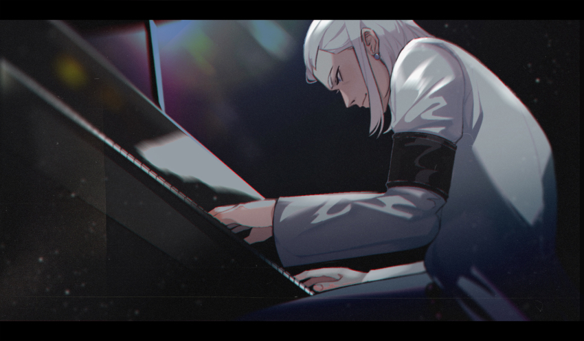 armband black_armband black_background commentary ear_piercing earrings hair_intakes hair_slicked_back hands_up hexermer instrument jacket jewelry letterboxed light_particles long_hair long_sleeves looking_at_hands music piano piano_bench piano_keys piercing playing_instrument playing_piano saiki_(kof) sitting sphere_earrings suit_jacket the_king_of_fighters the_king_of_fighters_xiii white_hair white_jacket
