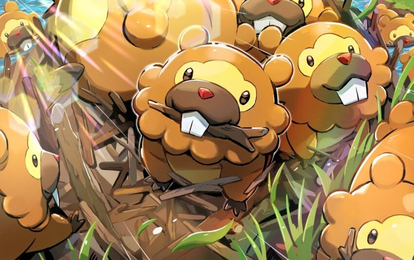 ayo_(ayosanri009) bidoof brown_eyes commentary_request day gen_4_pokemon grass leaf looking_up mouth_hold nintendo no_humans outdoors pokemon pokemon_(creature) standing stick water