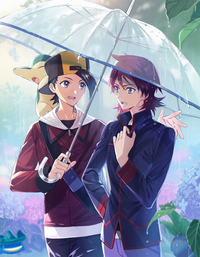 2boys backwards_hat baseball_cap black_hair black_pants cezaria commentary_request cyndaquil ethan_(pokemon) eye_contact flower gen_1_pokemon gen_2_pokemon gen_3_pokemon grey_eyes hand_up hat highres holding holding_umbrella hydrangea jacket leaf long_sleeves looking_at_another lotad male_focus multiple_boys nintendo oddish open_mouth pants pokemon pokemon_(creature) pokemon_hgss pokemon_on_back purple_pants rain red_hair red_jacket silver_(pokemon) standing teeth tongue umbrella water_drop zipper_pull_tab