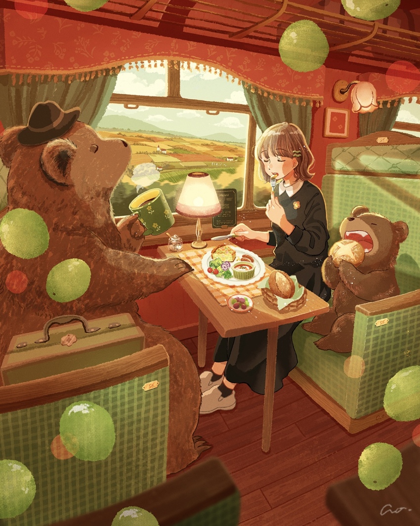 1girl animal ao_(aohari) bear black_dress bread brown_hair cherry_tomato closed_eyes cup curtains dress eating food fork hair_ornament hairclip hat highres holding holding_fork holding_knife knife lamp landscape lettuce light_particles mug open_mouth original quiche shoes steam suitcase table tomato train_interior white_shoes window wooden_floor