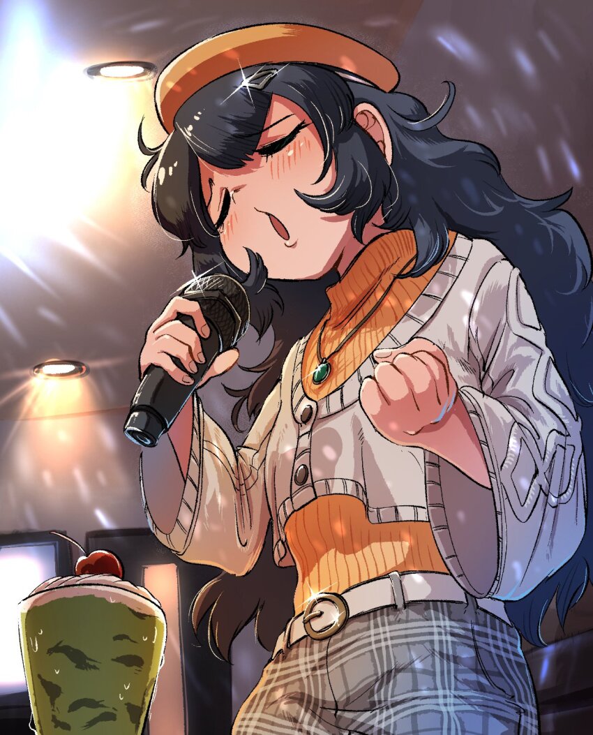 1girl belt beret black_hair blush casual closed_eyes food grey_pants hair_between_eyes hat highres jewelry karaoke kemono_friends kemono_friends_3 long_hair long_sleeves mcgunngu microphone music necklace official_alternate_costume orange_hat orange_sweater pants parfait plaid_clothes plaid_pants sagojo_(kemono_friends) sidelocks singing solo sweater turtleneck turtleneck_sweater white_belt white_sweater