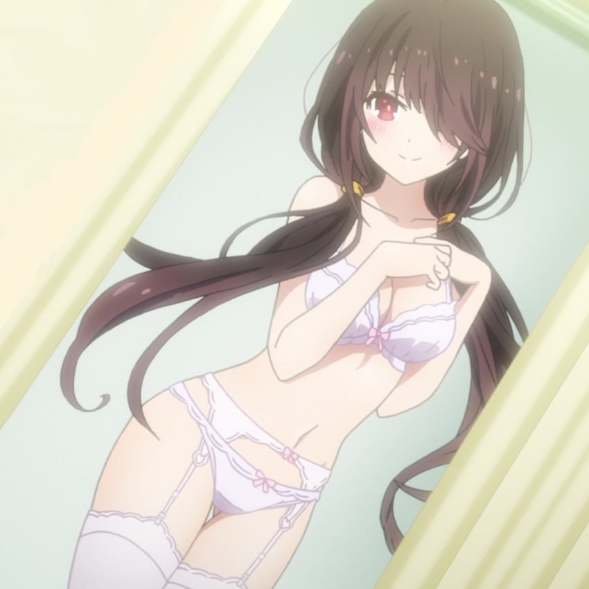 1girl bare_shoulders black_hair blush bra breasts changing_room cleavage closed_mouth collarbone cropped curtains date_a_live dot_nose female_focus garter_belt garter_straps hair_over_one_eye kneehighs legs long_hair looking_at_viewer medium_breasts midriff navel panties red_eyes sexually_suggestive smile socks solo solo_focus stomach thighhighs thighs tokisaki_kurumi twintails underwear very_long_hair white_bra white_garter_belt white_garter_straps white_panties white_thighhighs