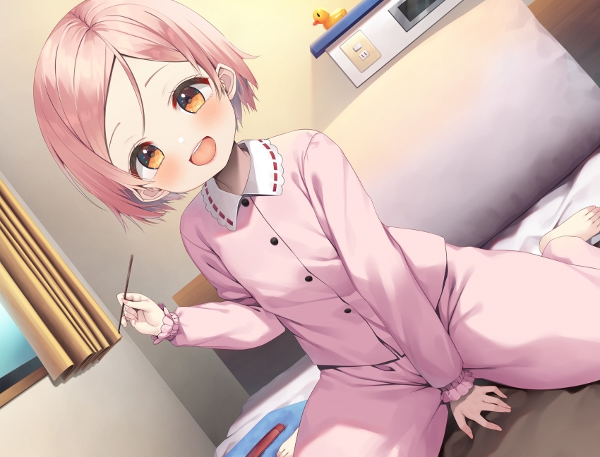 1girl asa_no_ha_(awayuki) bed blush flat_chest highres indoors looking_at_viewer maitetsu on_bed open_mouth orange_eyes pajamas pink_hair reina_(maitetsu) short_hair smile solo