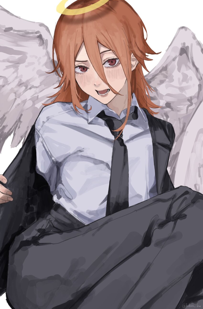 1boy androgynous angel_devil_(chainsaw_man) angel_wings black_necktie black_pants black_suit blush brown_eyes brown_hair chainsaw_man formal_clothes hair_between_eyes halo highres kohaa_ku long_hair looking_at_viewer necktie open_clothes open_mouth open_shirt pants raised_eyebrows shirt sitting solo suit trap white_background white_shirt wings