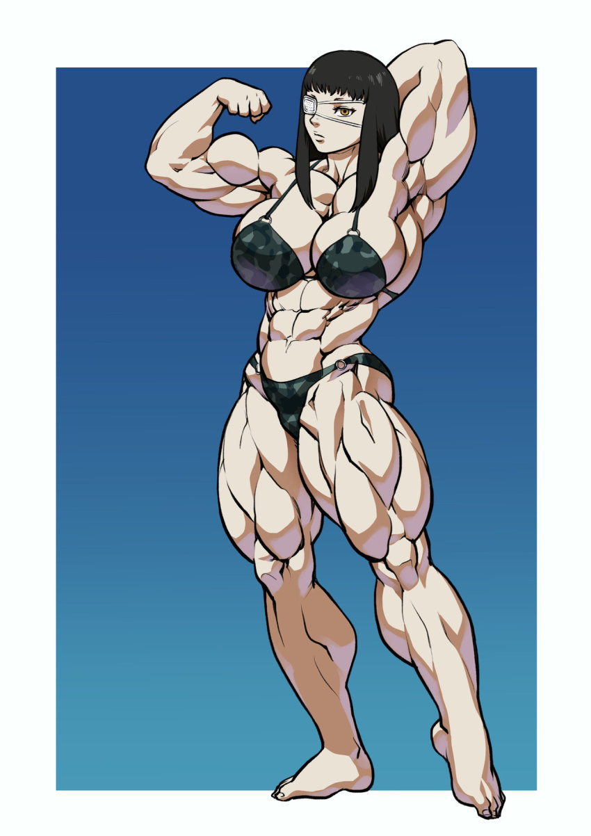 1girl abs armpits barefoot bikini black_hair blue_eyes breasts camouflage camouflage_bikini cleavage eyepatch female_focus full_body highres huge_breasts jormungand_(manga) long_hair muscular muscular_female navel pokkuti sofia_valmer solo standing swimsuit thick_thighs thighs