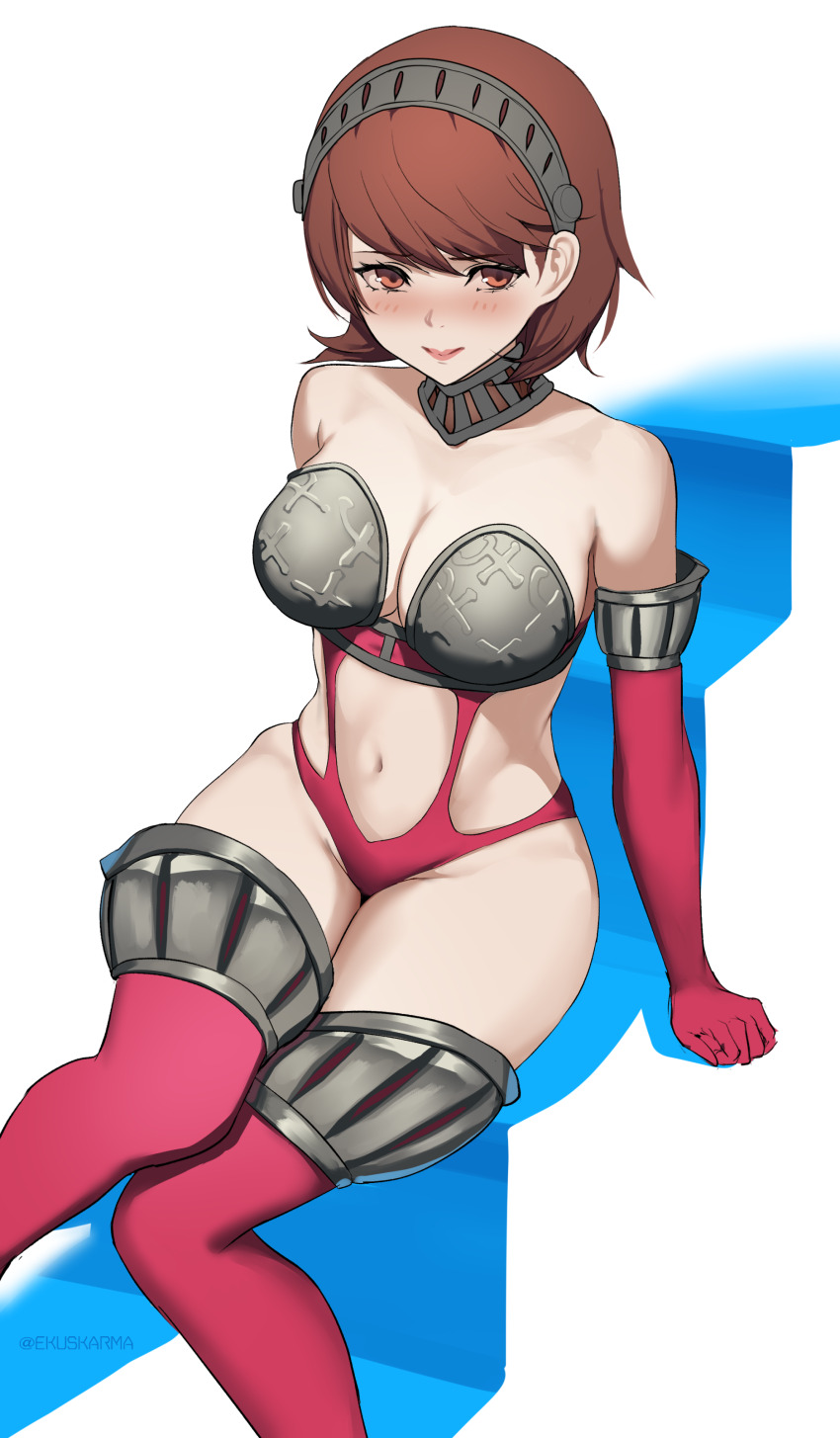1girl absurdres armor bare_shoulders bikini_armor blush breasts brown_hair collar commentary ekuskarma elbow_gloves embarrassed gloves high-cut_armor_(persona) highres large_breasts leg_armor looking_at_viewer metal_collar metal_hairband navel persona persona_3 persona_3_portable persona_3_reload red_gloves red_thighhighs short_hair simple_background sitting takeba_yukari thighhighs