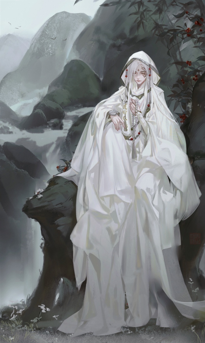 1boy bamboo beads berry chinese_clothes closed_eyes closed_mouth facial_mark facial_tattoo full_body hair_over_one_eye hair_over_shoulder hanfu highres holding huadian jinguang_budaixi knee_up layered_sleeves long_hair long_sleeves male_focus mountain parted_bangs prayer_beads qiao_rulai rock scenery sitting solo stream tassel tattoo veil water waterfall weizhidaodao white_hair white_hanfu white_sleeves white_veil wide_sleeves