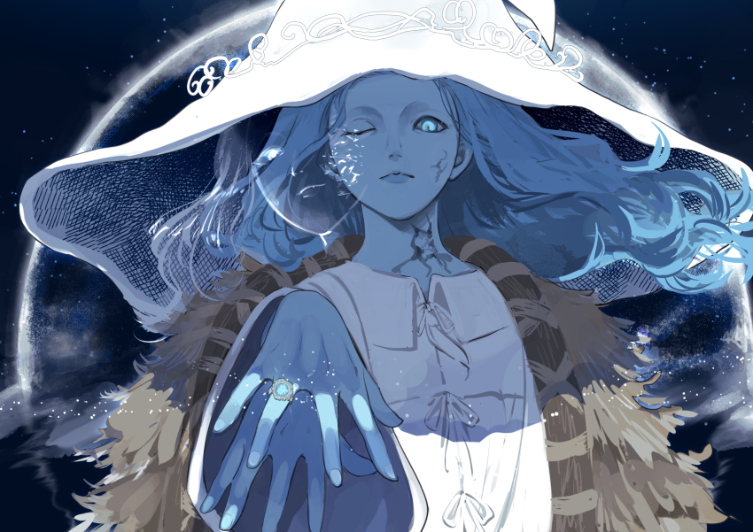1girl blue_eyes blue_hair blue_lips blue_nails blue_skin brown_cloak cloak closed_mouth colored_skin commentary cracked_skin dress elden_ring extra_arms extra_faces facial_tattoo fingernails floating_hair forehead fur-trimmed_cloak fur_trim glowing_jewelry glowing_tattoo hat highres jewelry kero_1110 large_hat lips long_hair looking_at_viewer moon one_eye_closed ranni_the_witch ring smile solo tattoo wavy_hair wedding_ring white_dress white_hat wide_sleeves witch witch_hat