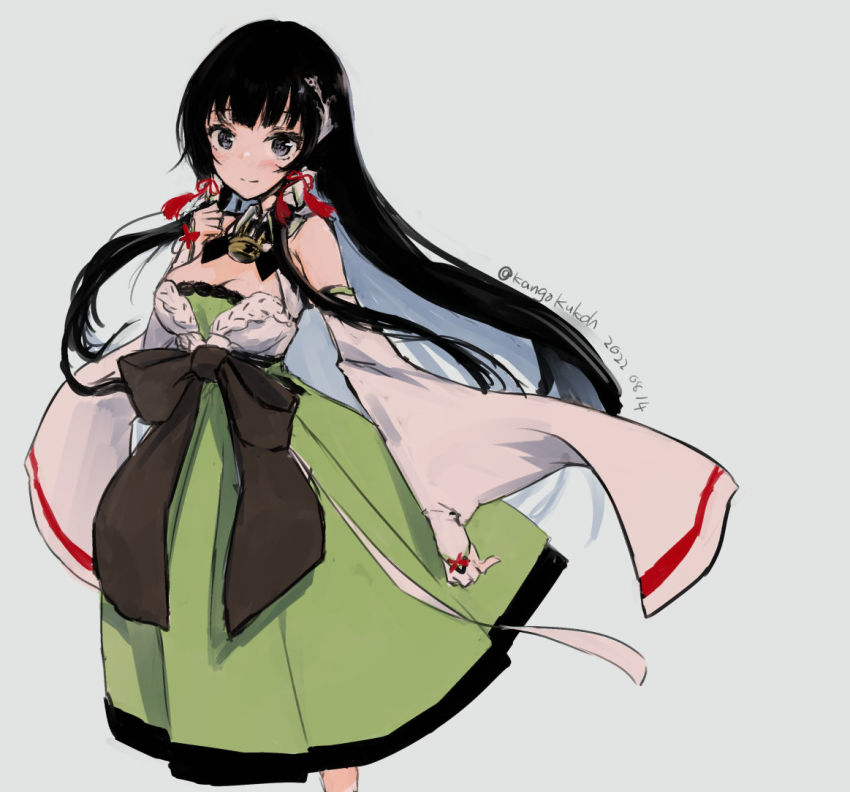 1girl black_hair dated detached_sleeves dress green_dress grey_background grey_eyes hair_ribbon hair_tubes kangoku_kou kantai_collection long_hair looking_at_viewer low-tied_long_hair mizuho_(kancolle) one-hour_drawing_challenge ribbon sidelocks simple_background solo twitter_username very_long_hair