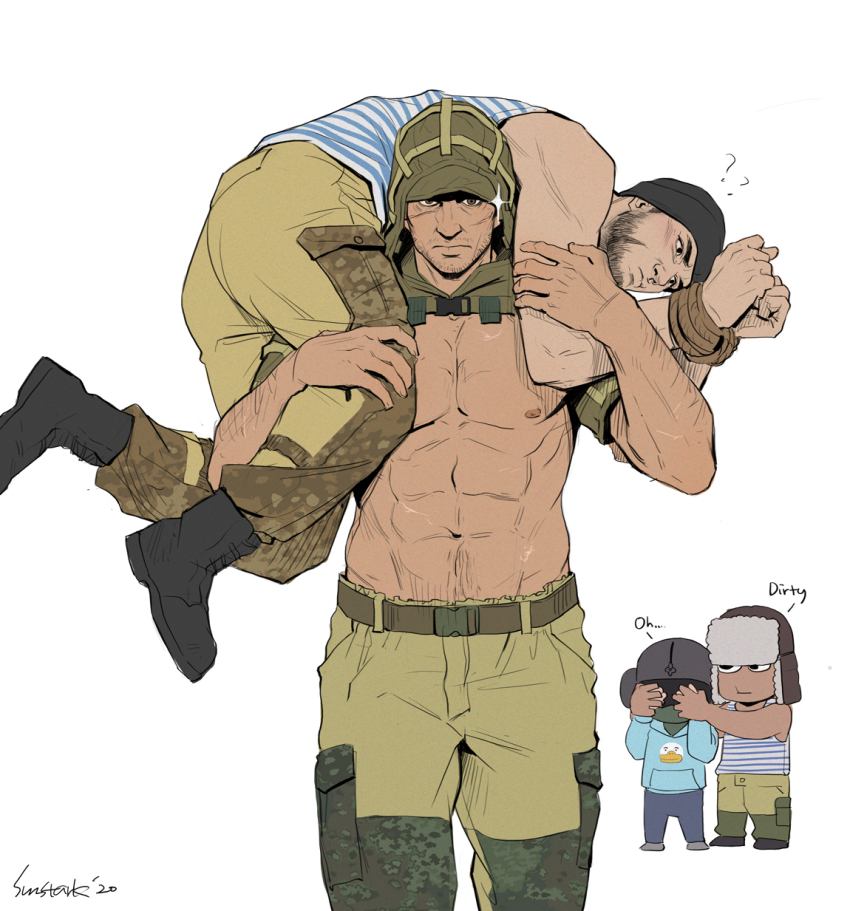 4boys :| ? ?? abs arm_hair arms_up assault_visor bare_pectorals beanie belt black_hat blue_hoodie blue_pants boots bound bound_wrists brown_belt buckle camouflage carrying_over_shoulder closed_mouth commentary covering_another&#039;s_eyes duck_print english_commentary facial_hair feet_out_of_frame fuze_(rainbow_six_siege) glaz_(rainbow_six_siege) hat helmet highres hood hood_up hoodie jaeger_(rainbow_six_siege) kapkan_(rainbow_six_siege) long_sleeves looking_ahead looking_to_the_side male_focus multiple_boys navel nipples pants pectorals rainbow_six_siege rope shirt shrug_(clothing) signature simple_background snap-fit_buckle sparkle standing striped_clothes striped_shirt sun_stark ushanka white_background