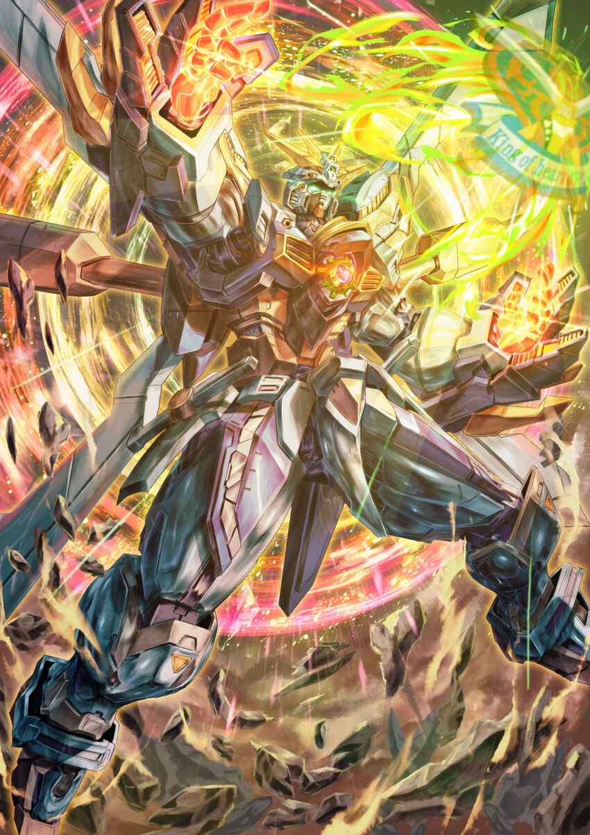 antennae armor debris energy epic full_body g_gundam glowing glowing_eyes glowing_hands god_gundam green_eyes gundam highres mecha mecha_focus mechabare mechanical_wings mobile_suit robot science_fiction sekiha_tenkyoken solo uungunover wings